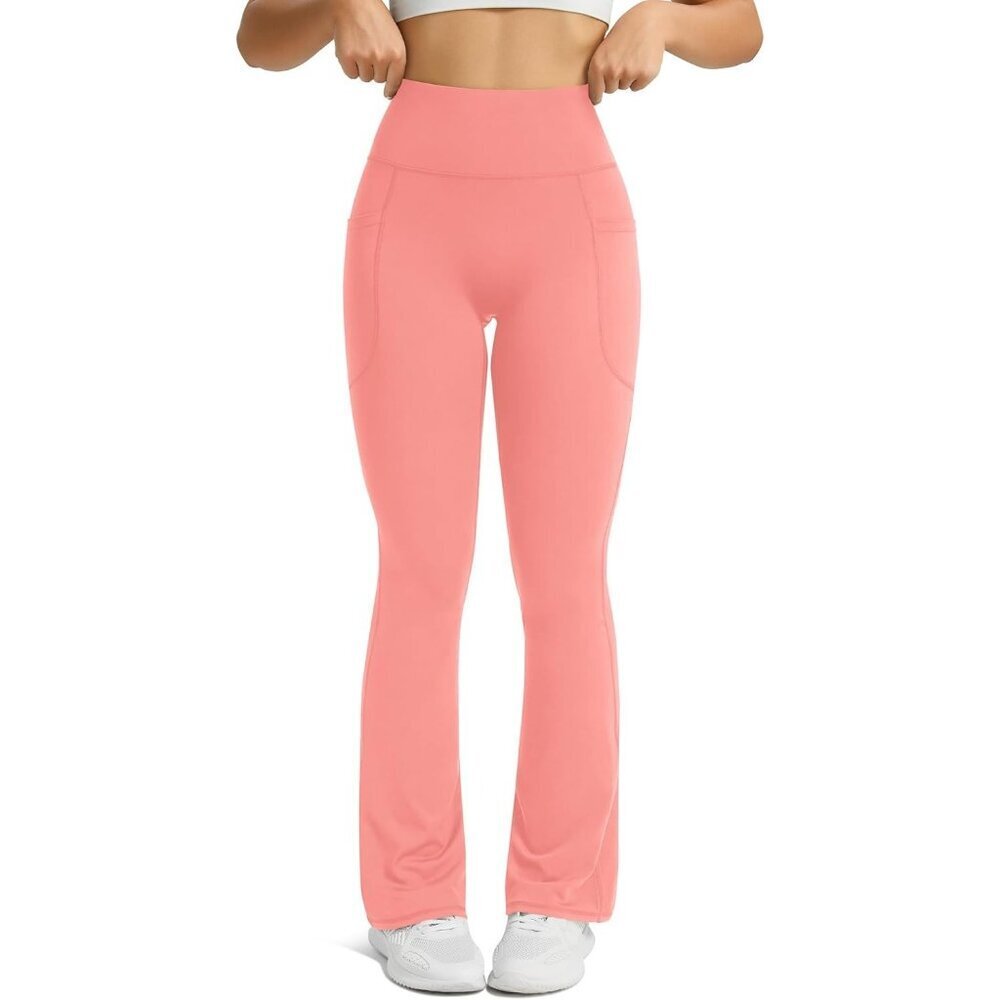 Women's Pink Polyester Blend Flared High Waisted Bell Bottom Yoga Dress Pants - Picture 4 of 6